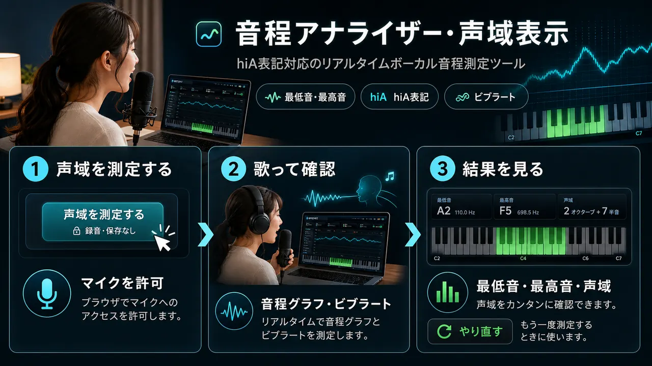 声域を測定する、歌って確認、結果を見る流れを説明する3ステップの図解